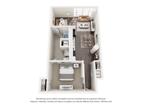 A 3D floor plan of a small apartment with a kitchen, bathroom, and living room.